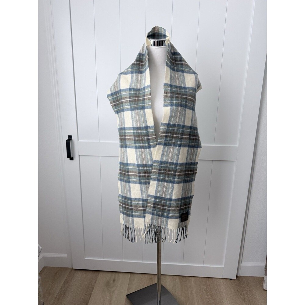 Vintage Glen Prince Scotland New Lambswool Scarf Blue Tan Plaid Quiet Luxury 90s